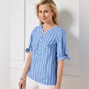 Talbots Blue Fancy Stripe Tie Sleeve Top